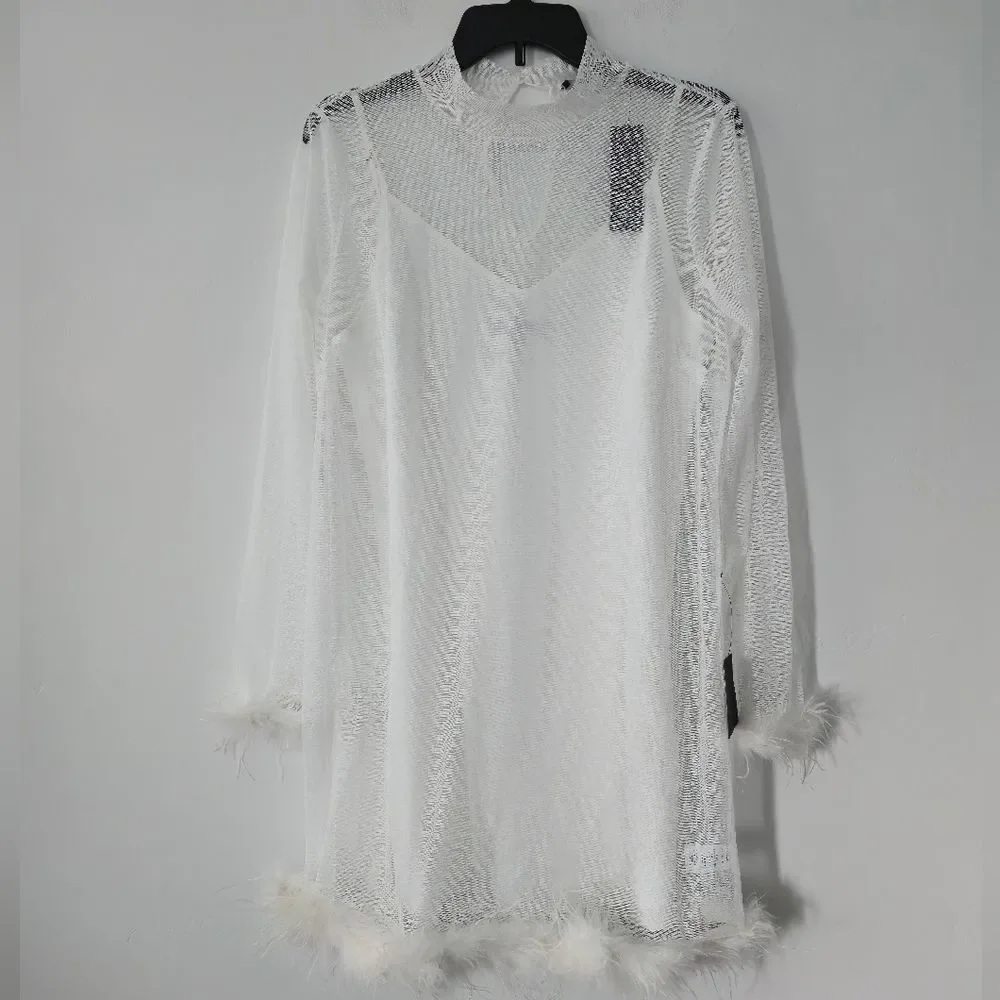 NWT Lulus Immaculate Charisma White Mesh Feather Long Sleeve Mini Dress Large